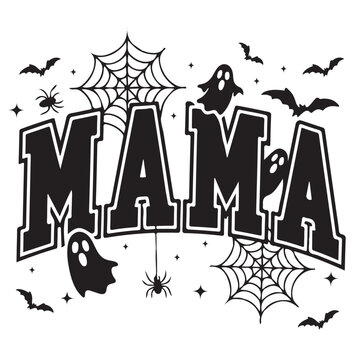 Spooky Halloween mama typography design with ghosts, bats, and spider webs isolated on white background. Halloween mama graphic element featuring gothic lettering, spooky ghosts, and flying bats. 