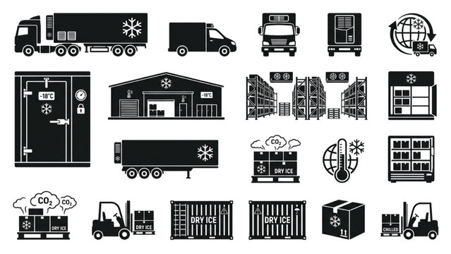 Refrigerated Logistics Silhouette Icon Sheet, Reefer Truck Cold Storage Freezer Pallet Vector Symbols, Flat Black Cargo Shapes Isolated White
