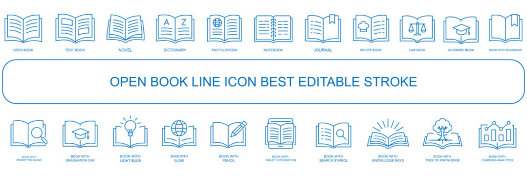 Book icons set. open book icon pictogram set. graphic projects. Open book icon set vector, line and outline book symbols collection, reading, education and library icons, minimal thin stroke design.