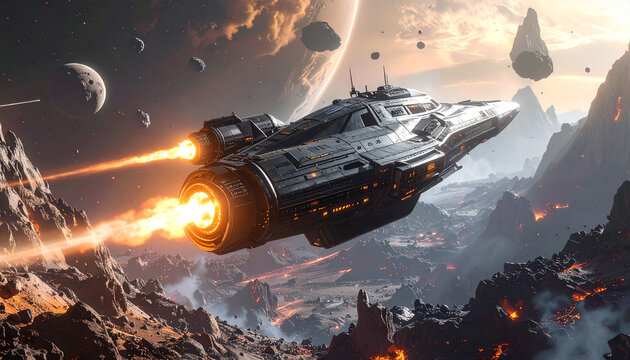 Futuristic spaceship flying over a volcanic alien planet landscape
