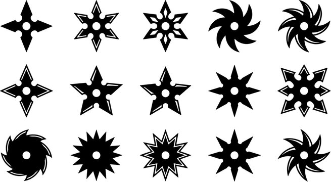 Shuriken icon set. Collection of ninja throwing stars and martial arts weapons in flat style. Editable vector illustration isolated on white background.