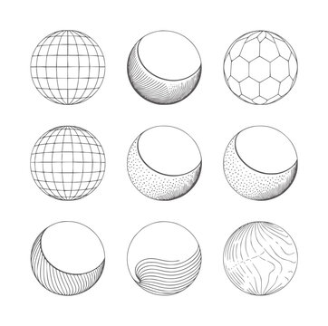Collection of nine abstract spheres with varied line and dot shading patterns geometric