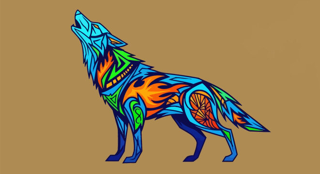Vibrant Colorful Howling Wolf Artistic Illustration.