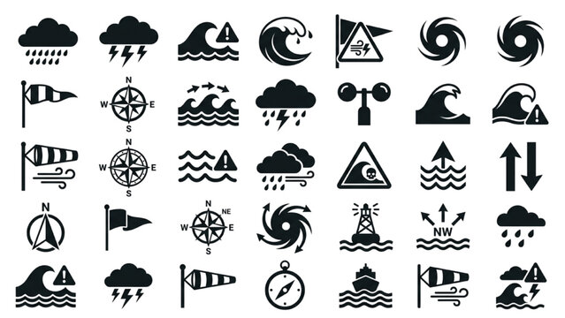 Marine Weather Oceanography Silhouette Icon Sheet, Storm Cloud High Wave Alert Compass Rose Wind Flag Vector Symbols, Flat Black Shapes Isolated