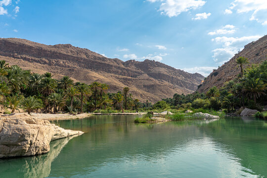 Beautiful desert oasis at Wadi Bani Khalid with green palm trees and emerald water, Oman