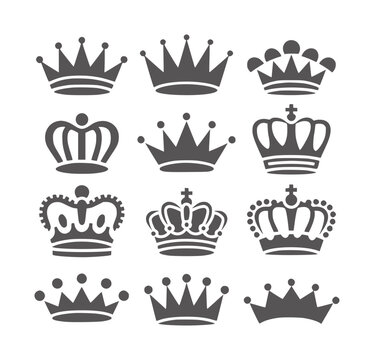 Collection of twelve dark gray royal crowns white symbol monarchy heraldry