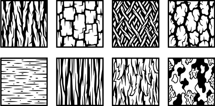 Tree bark texture icon set. Collection of various wooden surfaces and nature patterns in line art style. Editable vector illustration on white background.