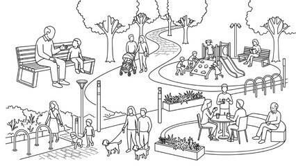 Obraz premium Architecture CAD Human-Centered Urban Design Concept Featuring Children Adults and Seniors Interacting in Public Spaces Clean Outline Vector Illustration