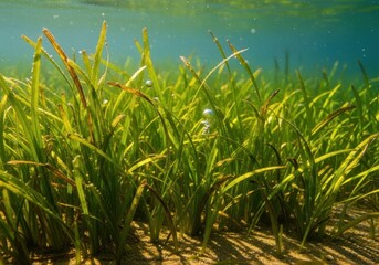 Fototapeta premium Lush green freshwater grass blades waving softly underwater in clear, natural light, symbolizing aquatic life and ecosystem health, texture, river, waving