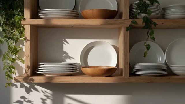 Natural Light Illuminating Stacked Dinnerware on Stylish Wooden Shelves