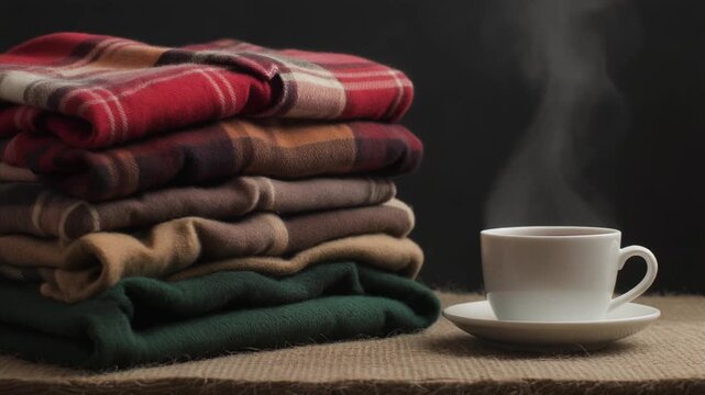 Cozy Plaid Shirts Stacked Beside a Steaming Hot Coffee Cup