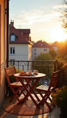 Naklejka premium Two chairs and table with breakfast on balcony at sunrise. European town houses and warm sun rays in morning calm. Relaxation and quiet life.