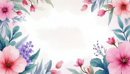Obraz premium Watercolor floral border with pink hibiscus, purple flowers, and green leaves. Pastel colors and soft style for spring or Mother Day greetings.