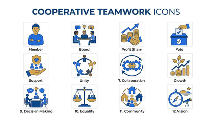 Fototapeta premium Cooperative Teamwork Icons: Collaboration, Growth, Unity, Community, Vision, Decision Making