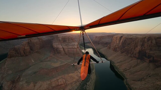 Hang glider soaring over scenic canyon river at sunset