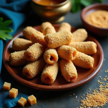 Authentic Bengali til pitha sesame seed rolls with jaggery filling served on clay plate. Traditional winter sweet snack, Indian dessert homemade treat. Crispy crunchy texture. Delicious asian cuisine.