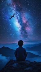 Fototapeta premium Young Boy Watching the Milky Way and an Airplane from a Peak
