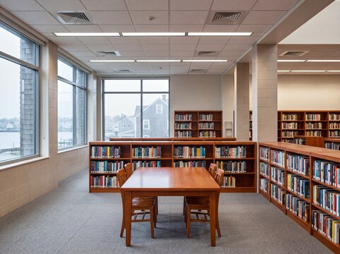 Open plan library interior with book collections and study desks