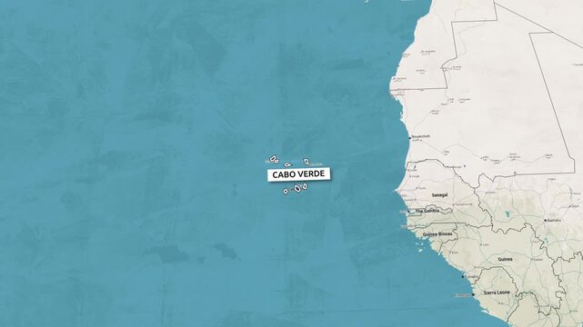 Borders of the state of Cabo Verde on the map. Country Cabo Verde on the map is highlighted by a polygonal border. Map animation. From above zooming in with panoramic view