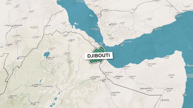 Borders of the state of Djibouti on the map. Country Djibouti on the map is highlighted by a polygonal border. Map animation. From above zooming in with panoramic view