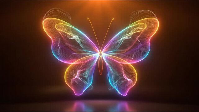 A vibrant, glowing butterfly rendered in light with multiple colours, set against a dark background
