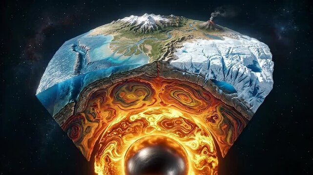Planet earth, detailed internal geological structure, showing molten core, magma mantle, tectonic crust, continental surface, oceanic water, volcanic eruption, icy glacier, intricate layers.