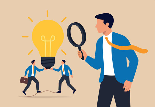 Business viability checking, validate idea by market research to see possibility to success in real world, evaluate profitable of business idea, businessman with magnifier analyze lightbulb idea