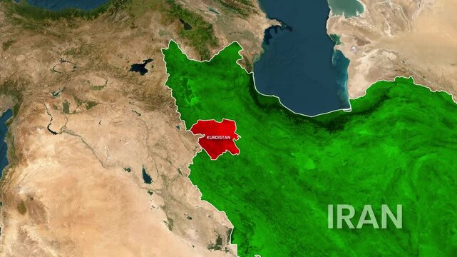 Animated motion graphic highlighting the Kurdistan region within the Iran map