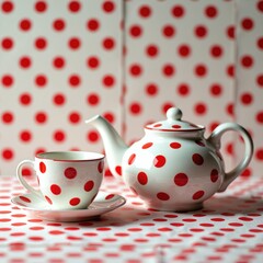 Fototapeta premium White teapot and cup with red polka dots sit on checkered tablecloth. Background has matching red dot pattern. Beverage service set arranged for morning tea.