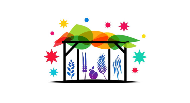 Abstract illustration of a Sukkah with four species and colorful foliage.