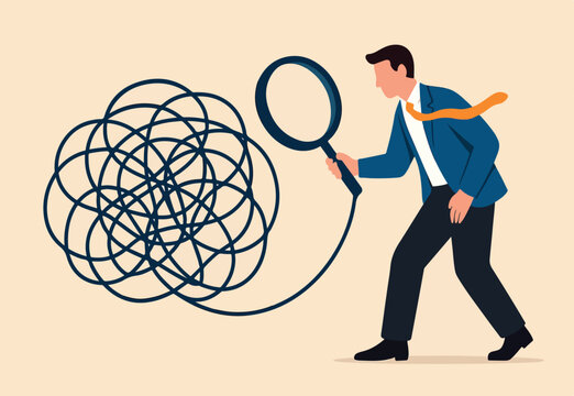 Analyze problem finding solution or opportunity, look for details to solve problem, discovery or search, root cause analysis or troubleshooting concept, businessman analyze mess with magnifying glass