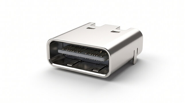 Bare USB Type-C male connector metal shell. Macro photography of modern IT networking and electronic hardware isolated on a pure white background.