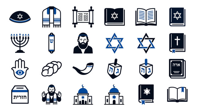 Jewish Symbols Collection: Torah, Menorah, Star of David, Kippah, Mezuzah, Shofar, Dreidel, Challah