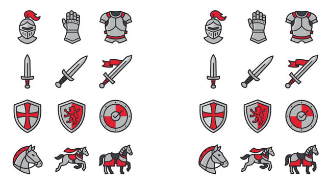 Medieval Knight Armor, Weapons, Shields, and Horse Icons Set