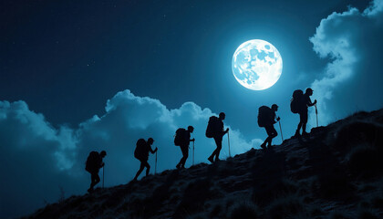 Fototapeta premium Hikers ascend rocky hill under bright full moon and starry night sky. Group walks on path with backpacks and poles. Peaceful journey towards summit.