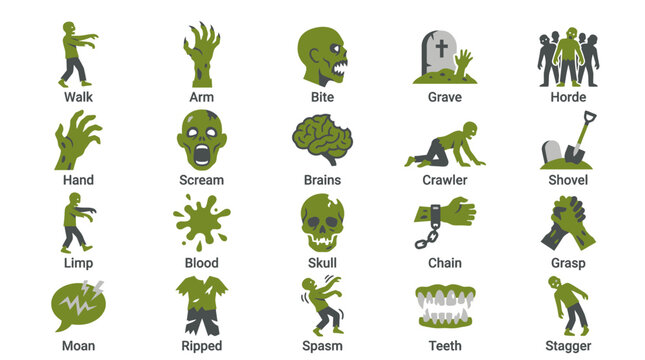 Zombie Icons Set: Walk, Scream, Bite, Grave, Horde, Hand, Brains, Crawler, Shovel, Limp, Blood, Skull, Chain, Grasp, Moan, Ripped, Spasm, Teeth, Stagger