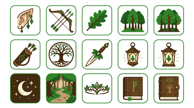 Fantasy Forest Icons: Elf Ear, Bow, Oak Leaf, Trees, Quiver, Tree of Life, Dagger, Lanterns, Moon, Path, Crown, Rune Book