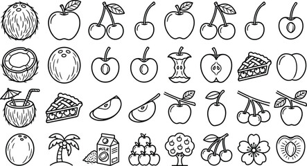 Fototapeta premium Hand Drawn Tropical and Orchard Fruits Collection with Coconut, Apple, Cherry, Peach, Kiwi, Plum and Fresh Organic Food Vector Set