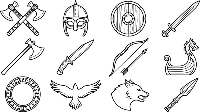 Viking Warrior and Medieval Weapon Collection with Battle Axes, Sword, Shield, Helmet, Bow, Spear and Norse Mythology Vector Set