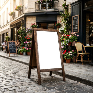 Blank Wooden A-Frame Sign Mockup on Parisian Street Near Cafe