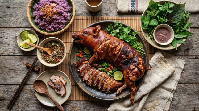 Lon Cap Nach Roasted Pork Feast on Rustic Wooden Table