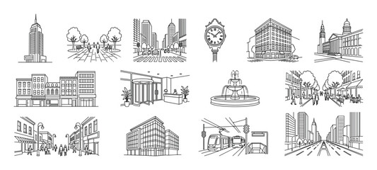Fototapeta premium Set of city life and architecture icons showing buildings, streets, transport, and people in various urban scenes, drawn in a clean, minimal black and white outline style