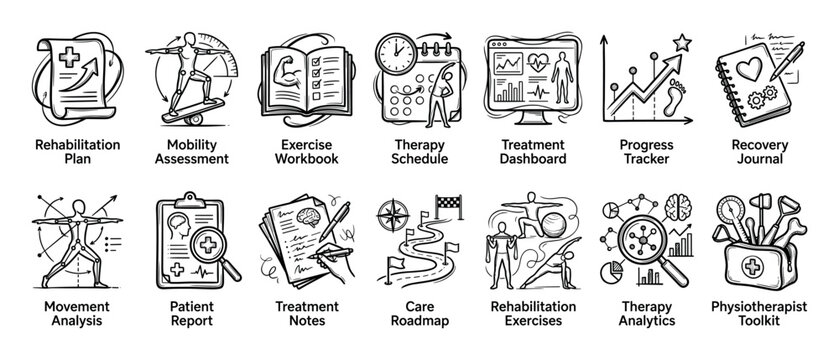 Set of hand-drawn physiotherapy icons showing rehabilitation plans, mobility assessment, exercise workbooks, and treatment schedules in a detailed sketch doodle style illustration