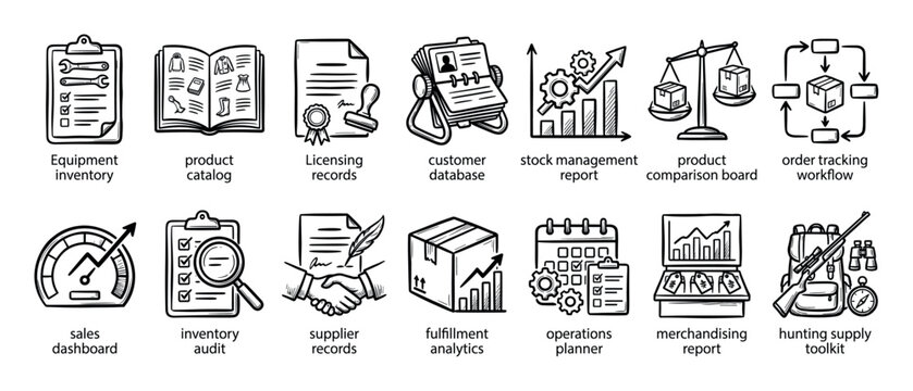 Collection of fourteen hand-drawn business icons for management, inventory, sales, logistics, and customer database, presented in a clear sketch illustration