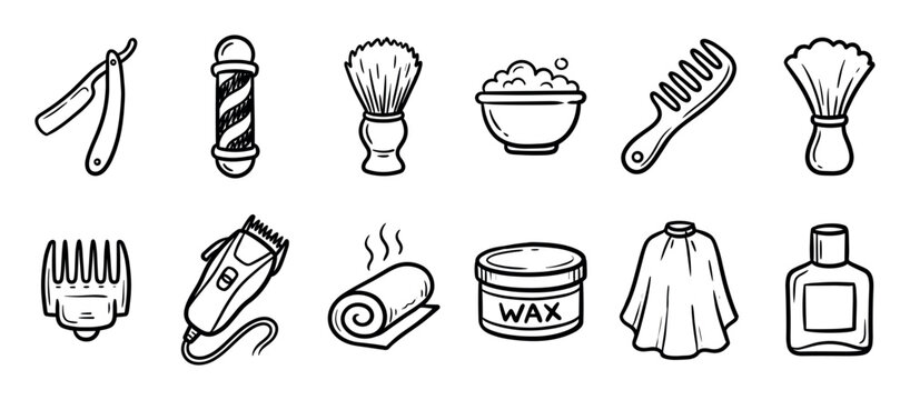 Set of hand-drawn barbershop icons in a black and white doodle style, featuring a straight razor, pole, shaving brush, comb, clippers, and other classic grooming salon tools