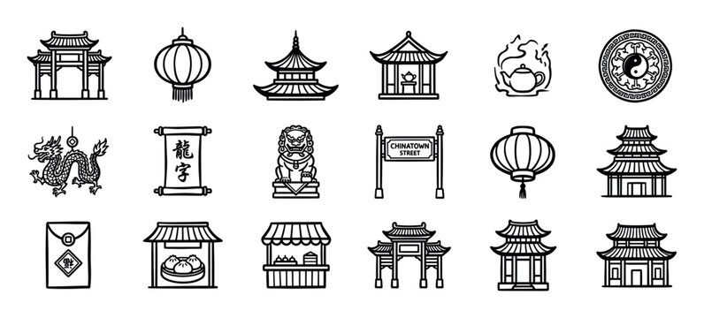 Set of hand-drawn black line icons representing traditional Chinese culture with symbols like a dragon, lantern, pagoda, foo dog, and yin yang in a doodle style vector illustration