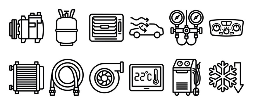Car air conditioning service and repair icons set in a simple line art style showing equipment like a compressor, freon tank, manifold gauge, and condenser for vehicle climate control