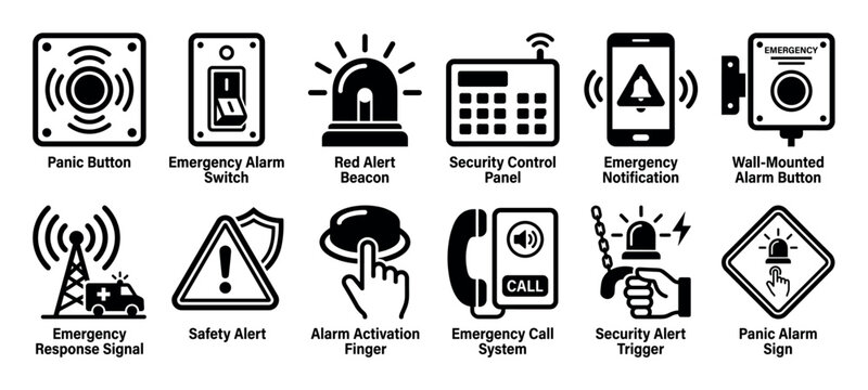 Collection of black emergency alarm icons showing a panic button, siren, security panel, and safety alert symbols for urgent response and protection systems in a simple glyph style