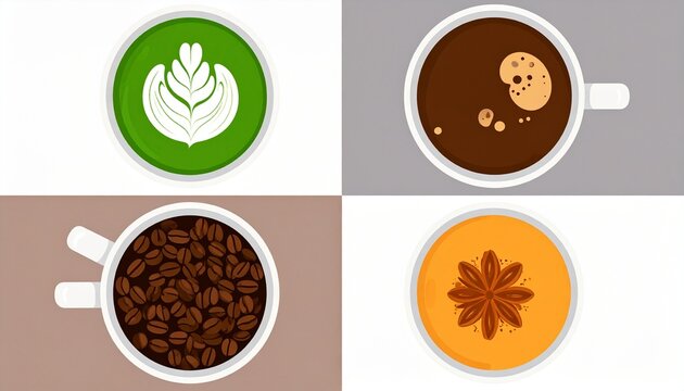 Four different types of coffee beans in bowls.