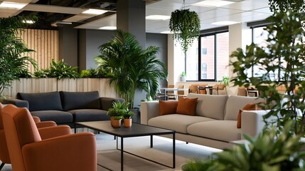 Fototapeta premium A modern office lounge featuring earthy tones and rustic textures that create an energetic and inviting atmosphere